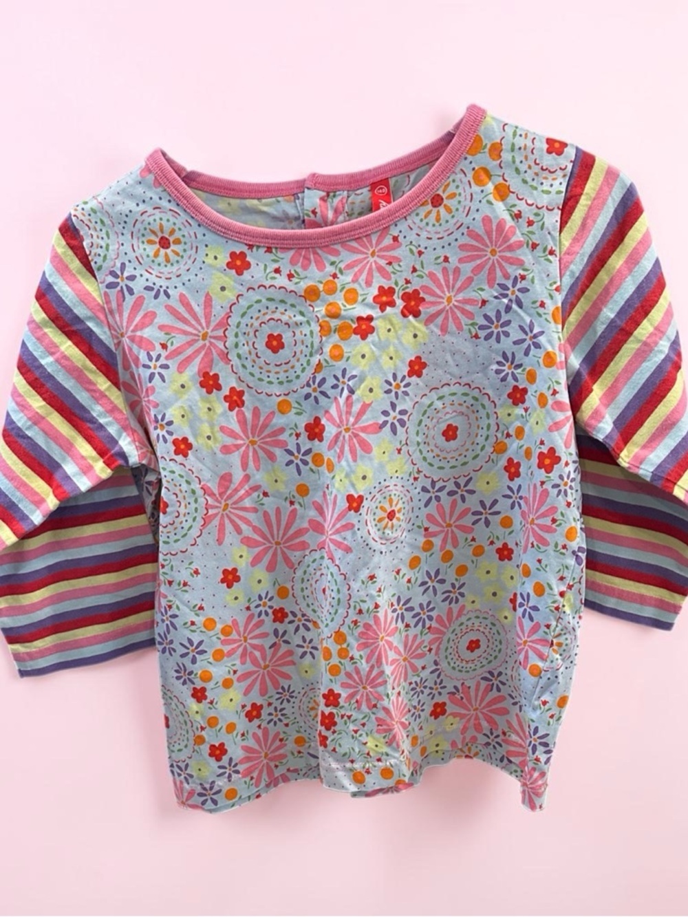 Hanna Anderson Girl’s Floral Top with Striped Sleeves Sz 140 (10 us size)